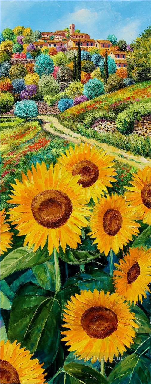 Hilltop village and sunflowers garden Oil Paintings